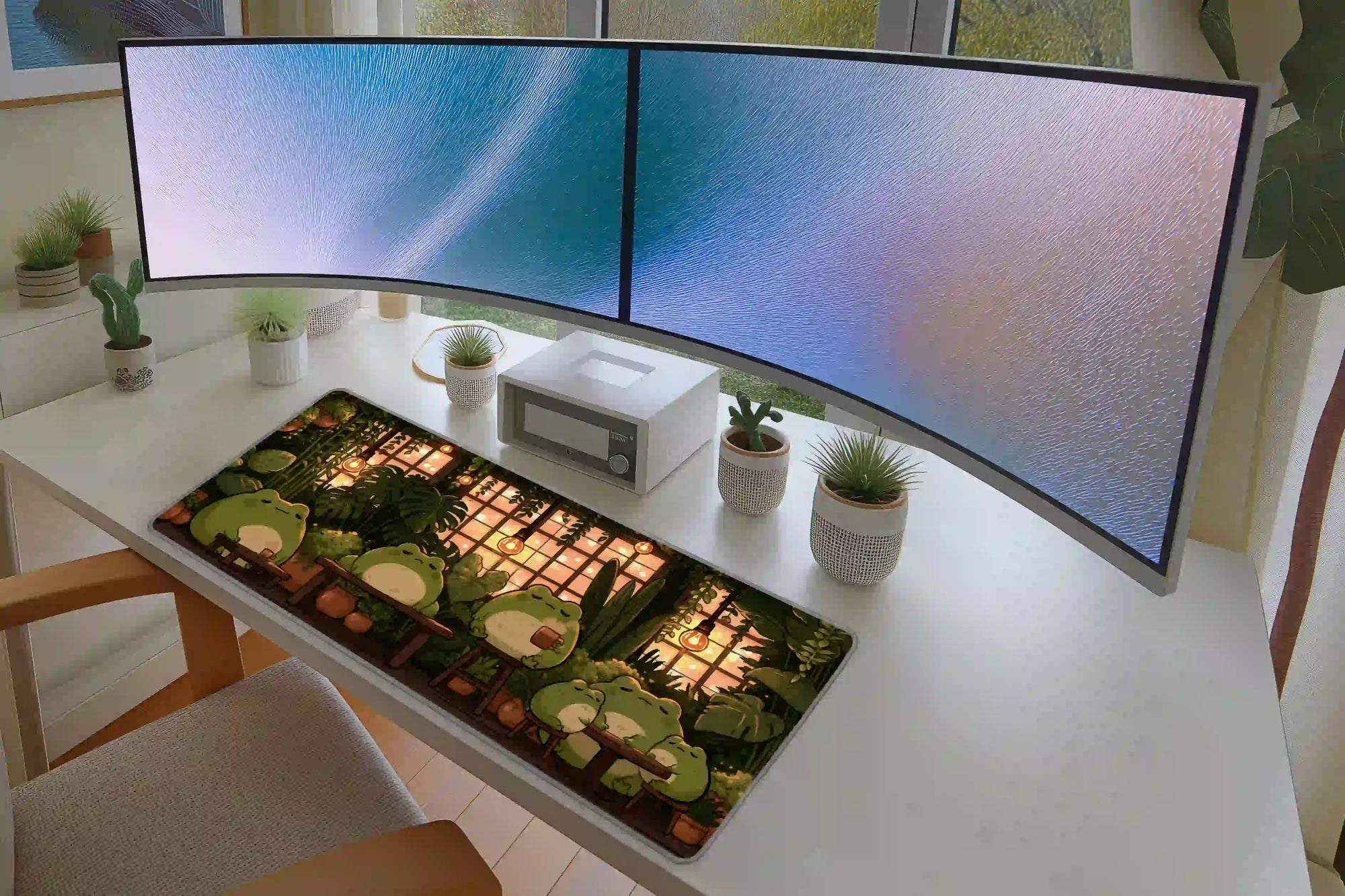 Cozy frog café library desk mat arranged in a keyboard and mouse gaming layout