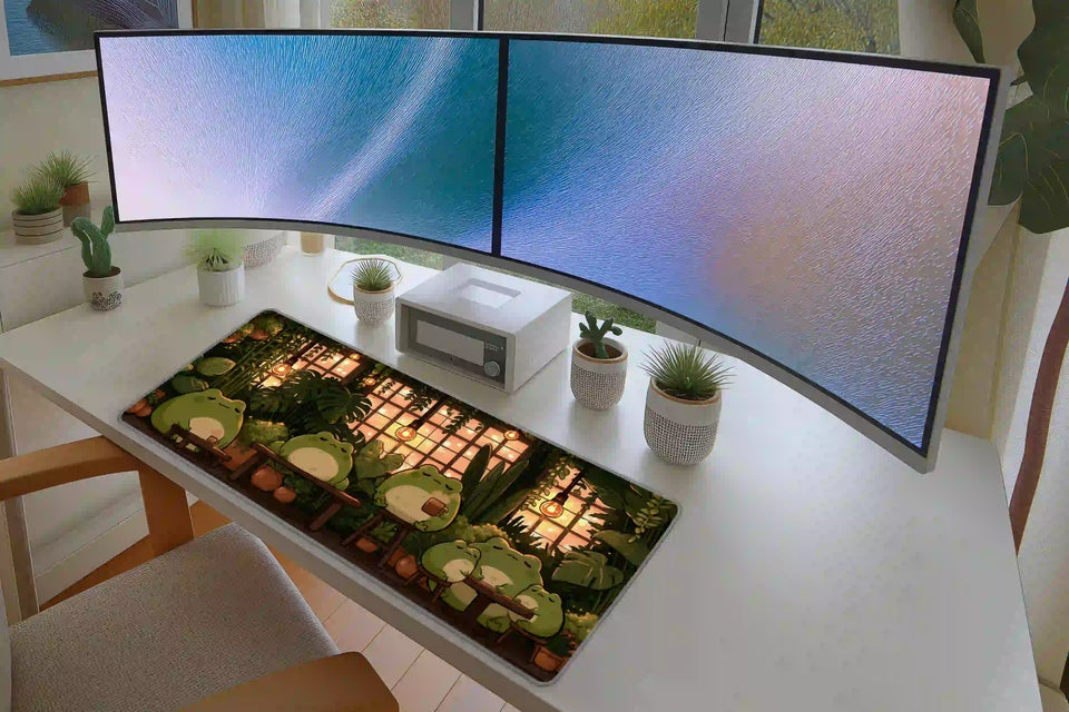Cozy frog café library desk mat arranged in a keyboard and mouse gaming layout