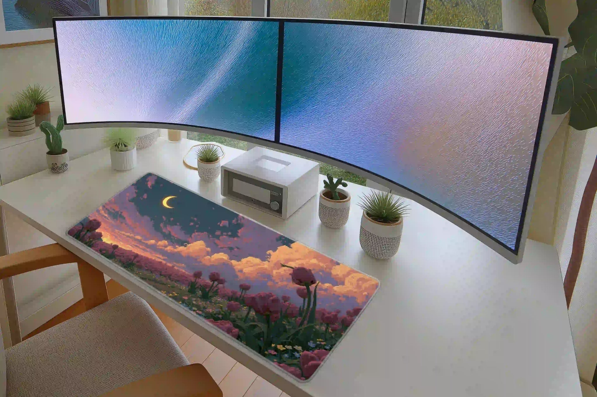 Pink Tulip Field Crescent Moon Dreamy Landscape Desk Mat