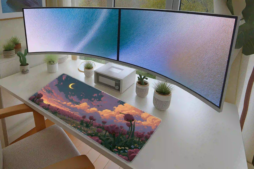 Pink Tulip Field Crescent Moon Dreamy Landscape Desk Mat