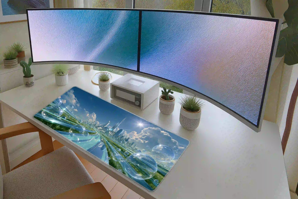 Frutiger Aero Bubble City desk mat in a full desk setup with a keyboard and mouse layout