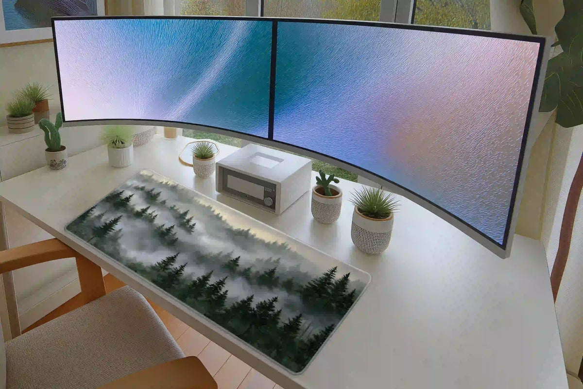 Misty pine forest desk mat displayed on a white desk with two monitors and potted plants, showing green trees in gray fog