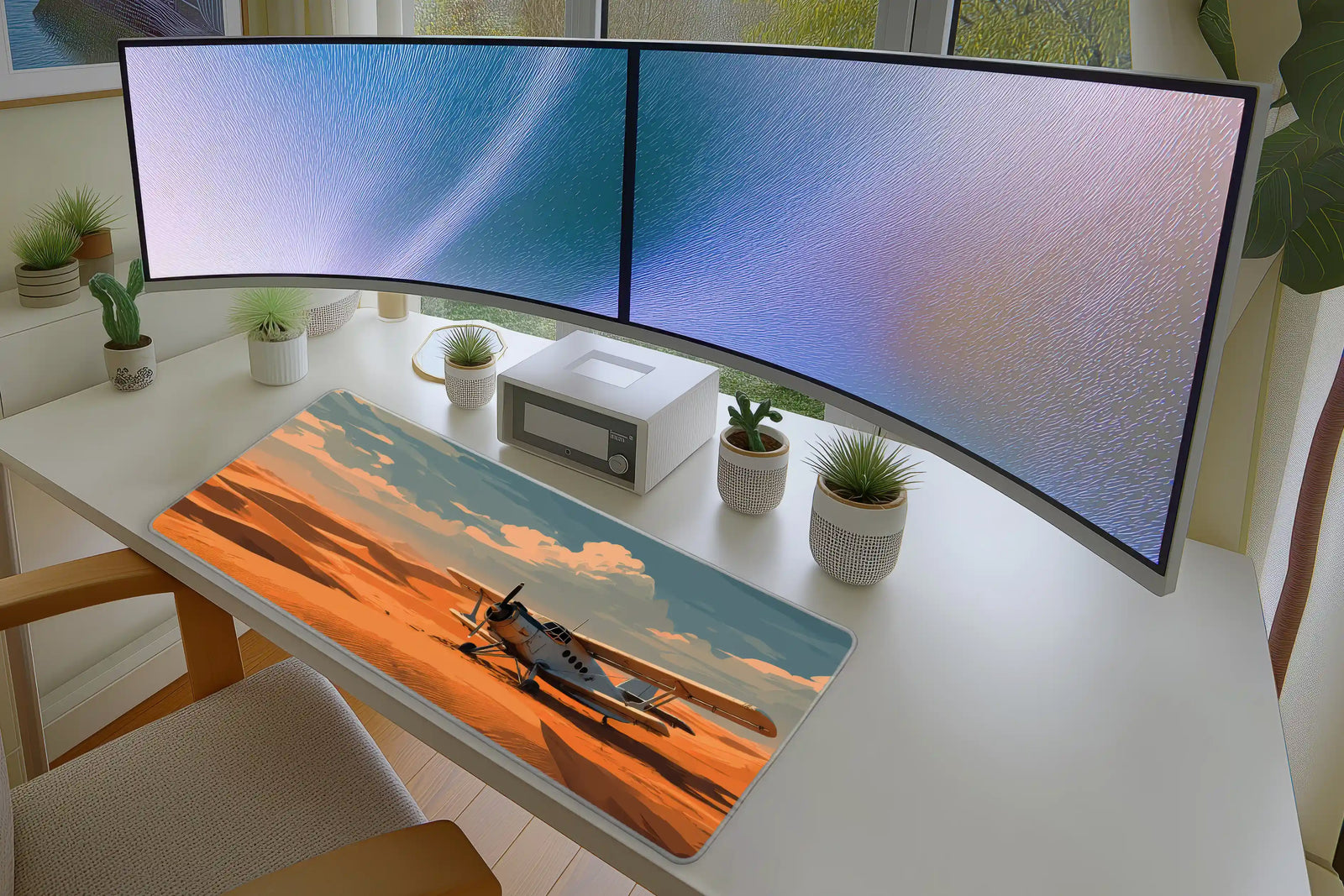 Desert Plane Mousepad – Retro Aircraft in Golden Dunes