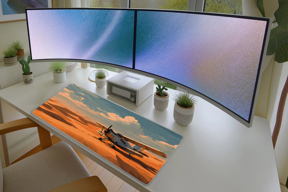 Desert Plane Mousepad – Retro Aircraft in Golden Dunes