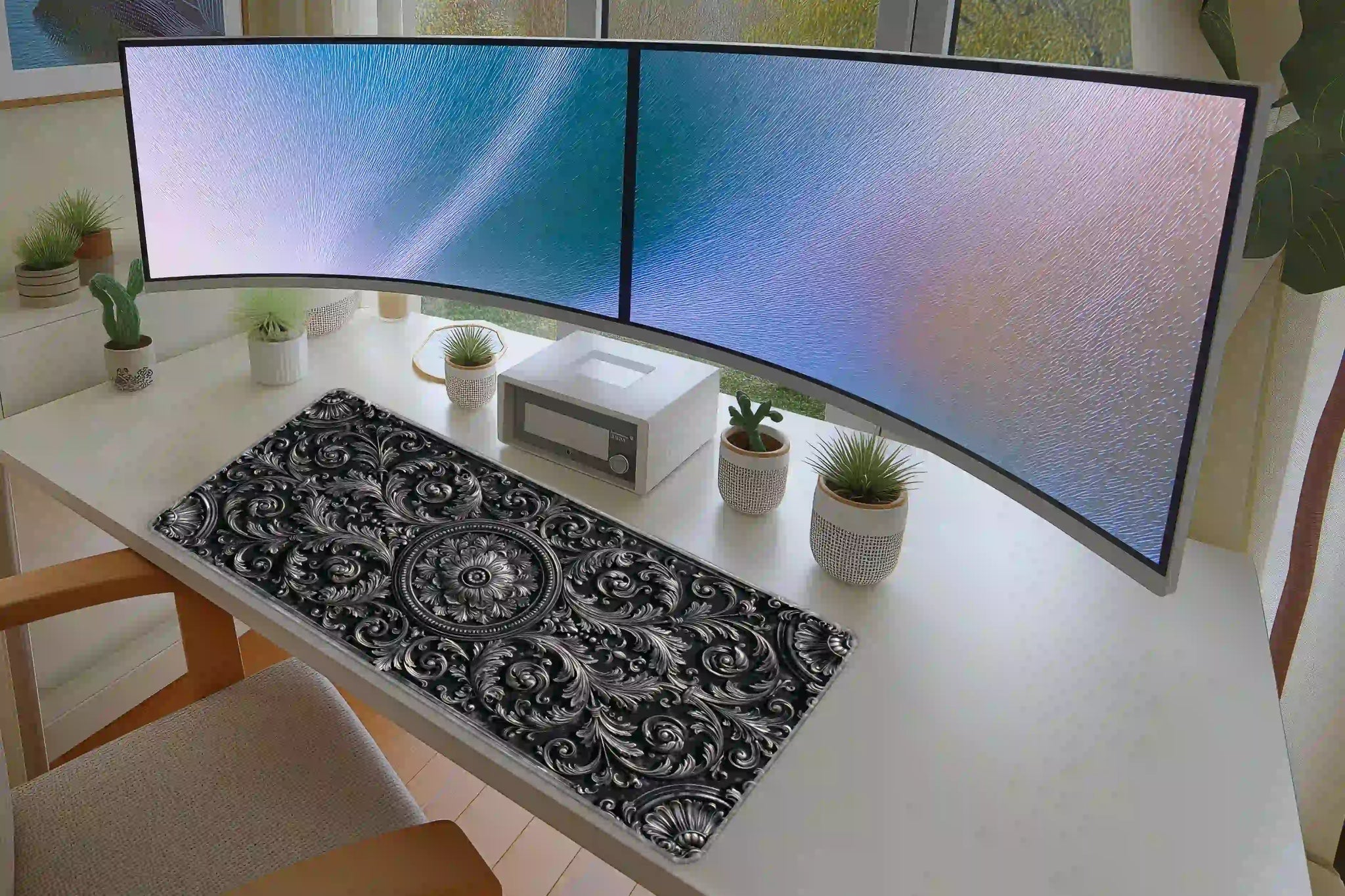 Silver Baroque Ornament Gothic Luxury Desk Mat