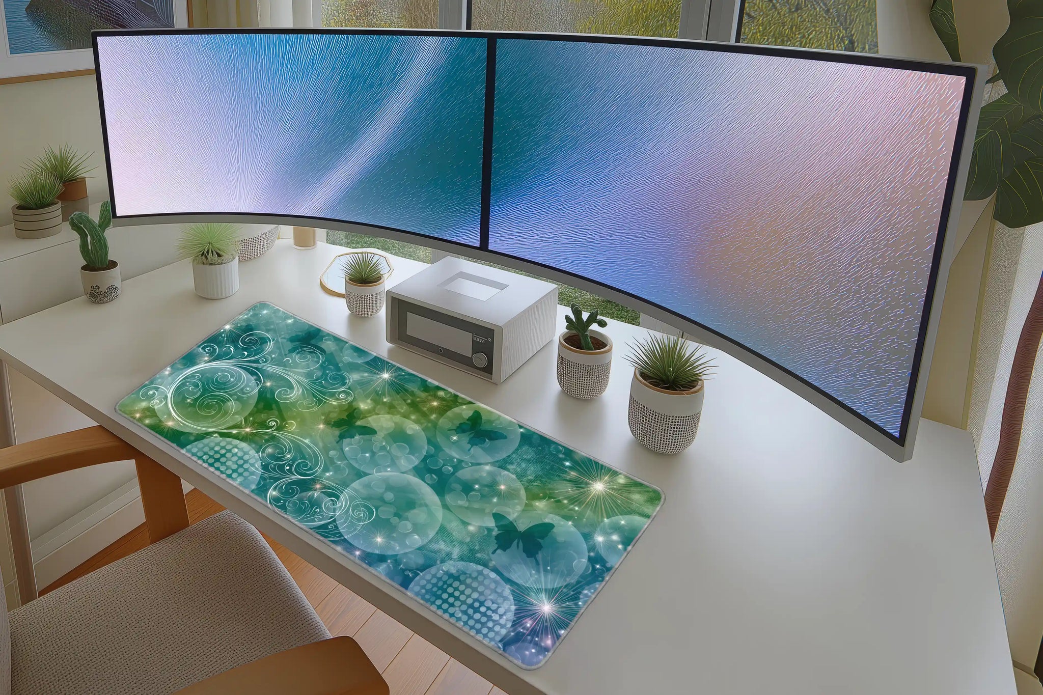 Teal Butterfly Bubble desk mat wide surface for a keyboard and mouse layout