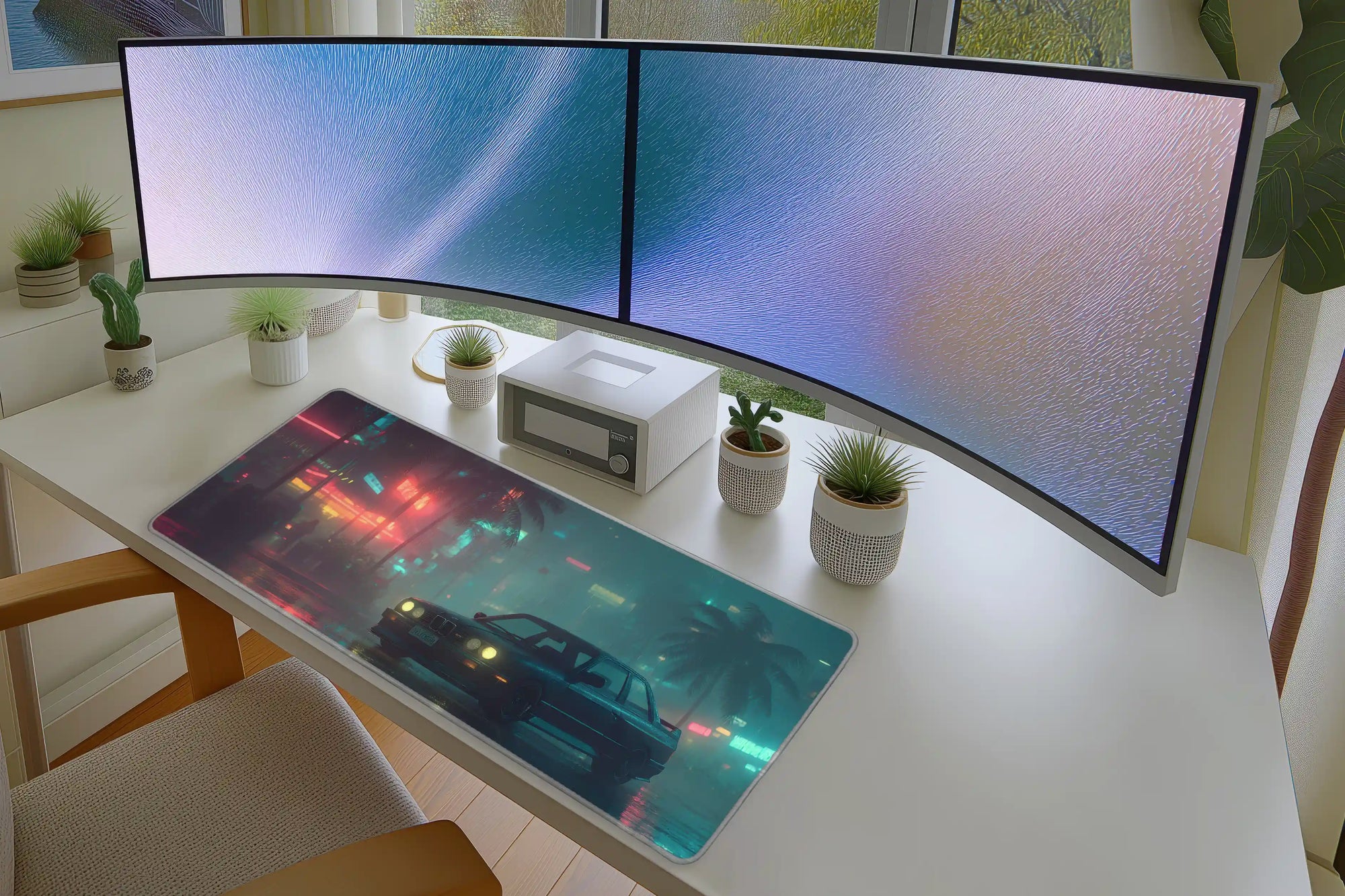 Retro BMW M3 E30 Car in Rain Mousepad – Neon City Night Aesthetic