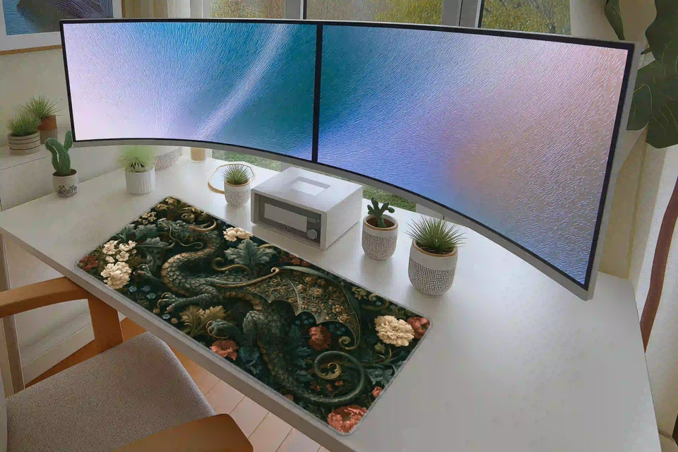 Gothic Floral Dragon desk mat in a full desk setup with a keyboard and mouse layout