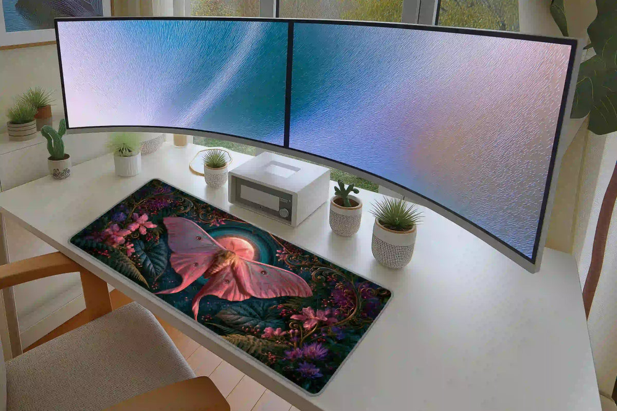 Pink luna moth and moon desk mat displayed on a white desk with dual monitors and botanical accents