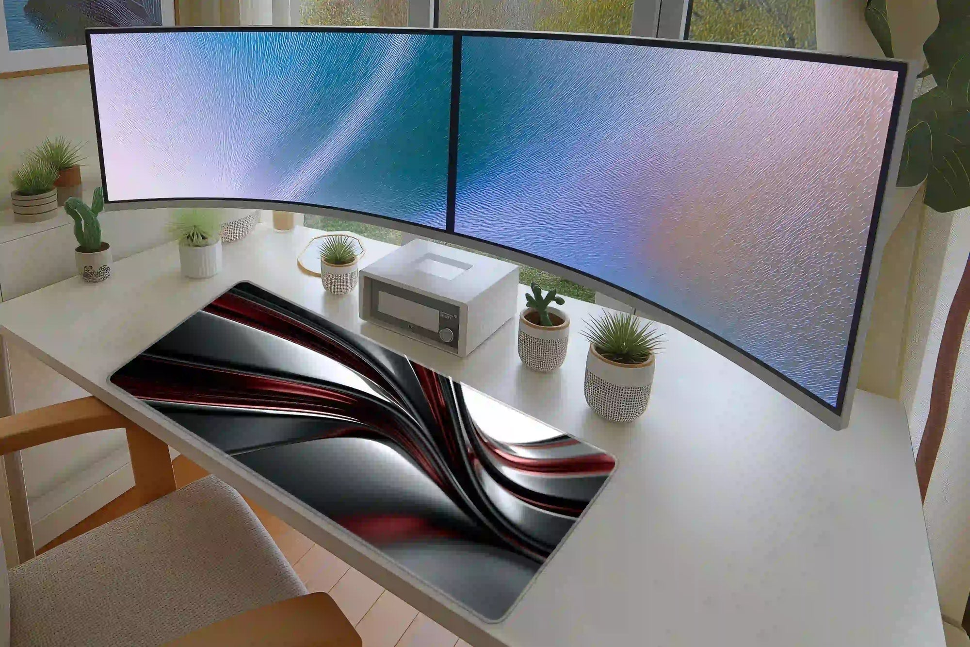 Red Chrome Wave Y2K Futuristic Abstract Desk Mat