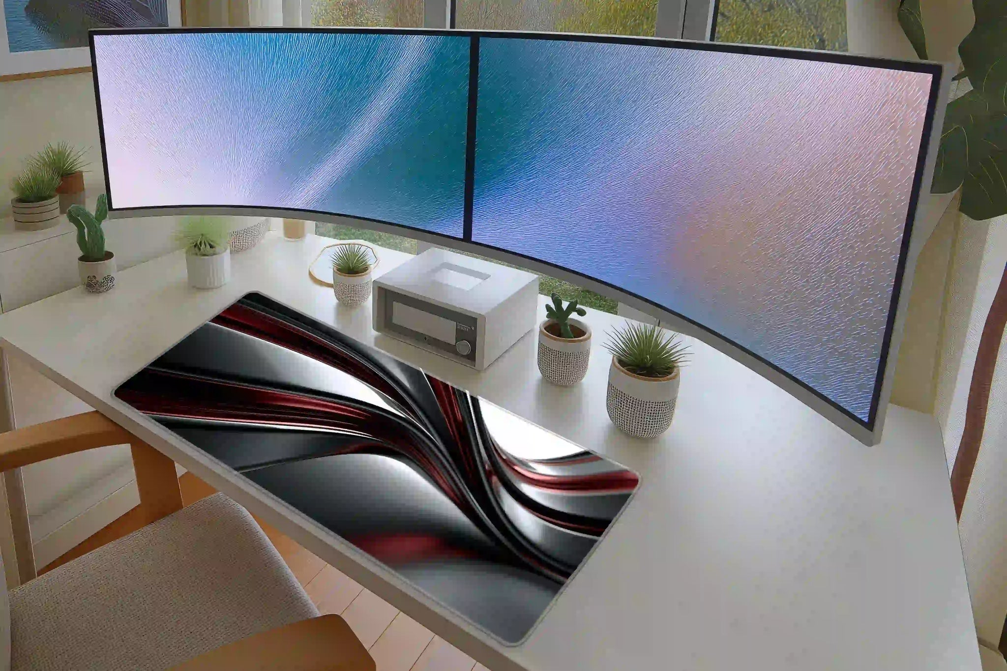 Red Chrome Wave Y2K Futuristic Abstract Desk Mat