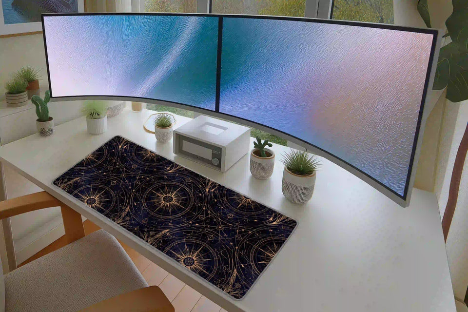 Gold Star Map desk mat in a full desk setup with a keyboard and mouse layout