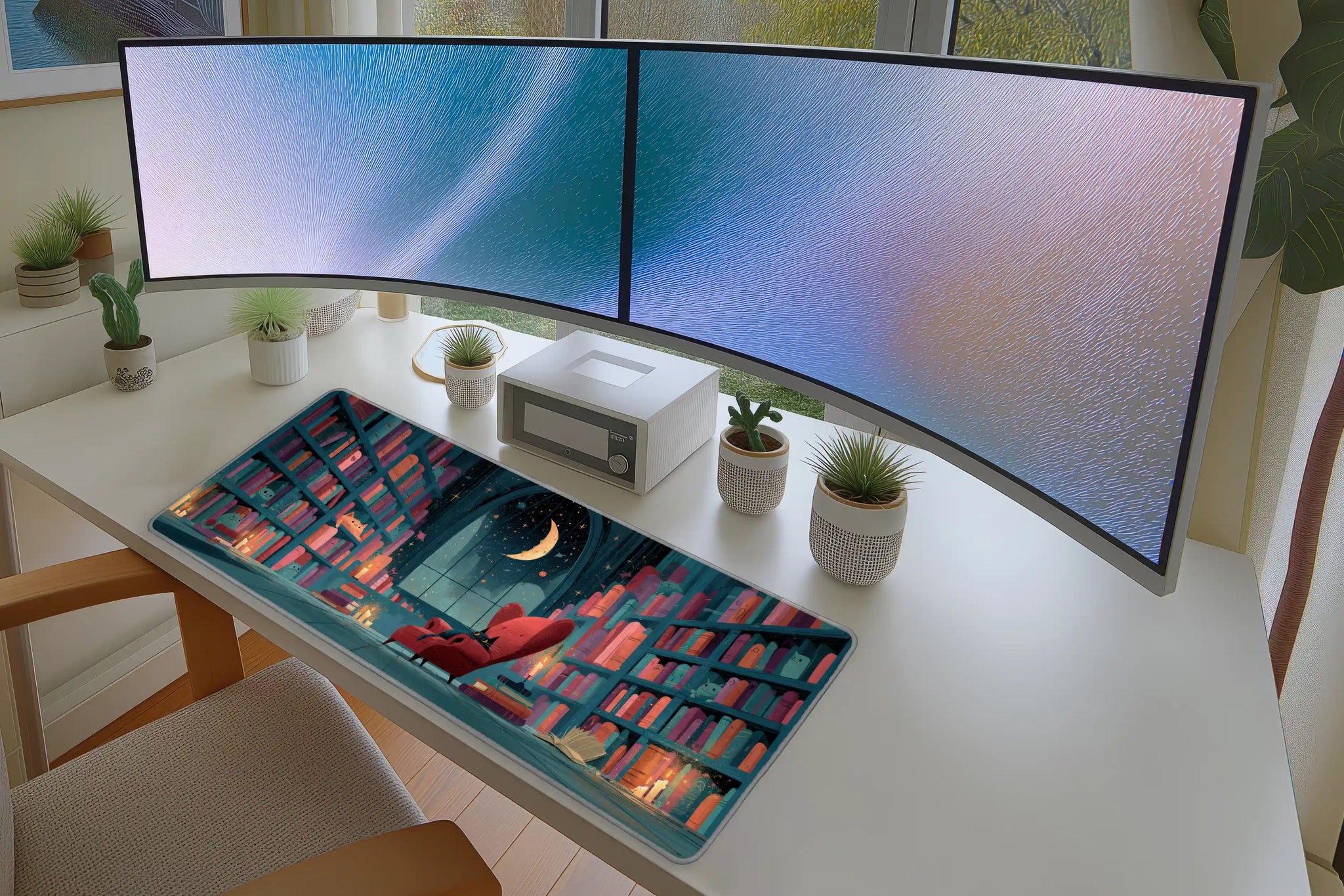 Lifestyle desk mockup of Moon Library Desk Mat | Red Chair Reading Nook with keyboard and mouse layout