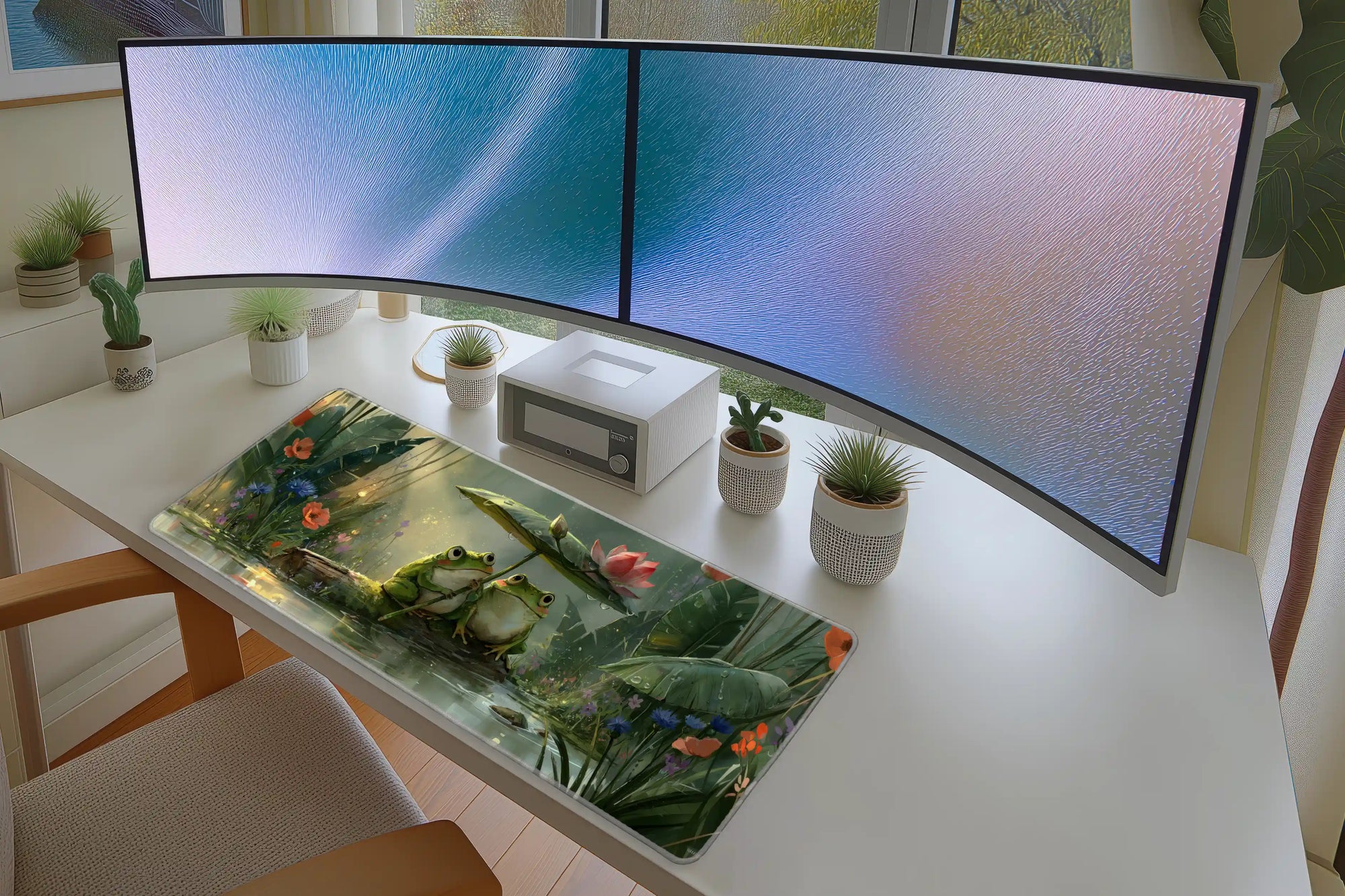 Lifestyle desk mockup of Frog Pond Desk Mat | Lotus Leaf Umbrella with keyboard and mouse layout