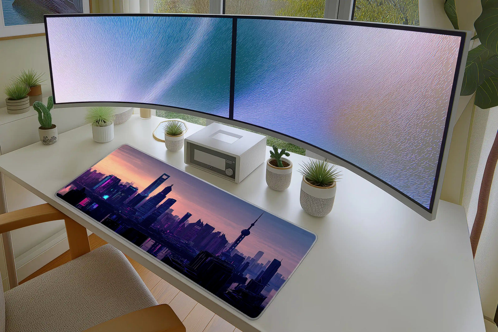 Cyberpunk Shanghai Skyline Mousepad – Neon City at Dusk