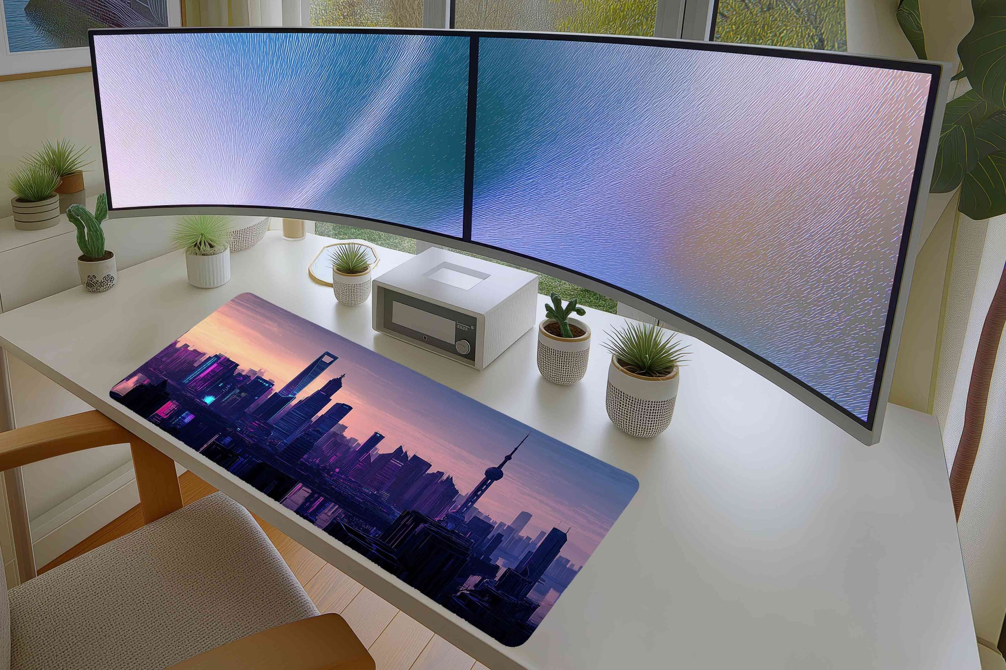 Cyberpunk Shanghai Skyline Mousepad – Neon City at Dusk