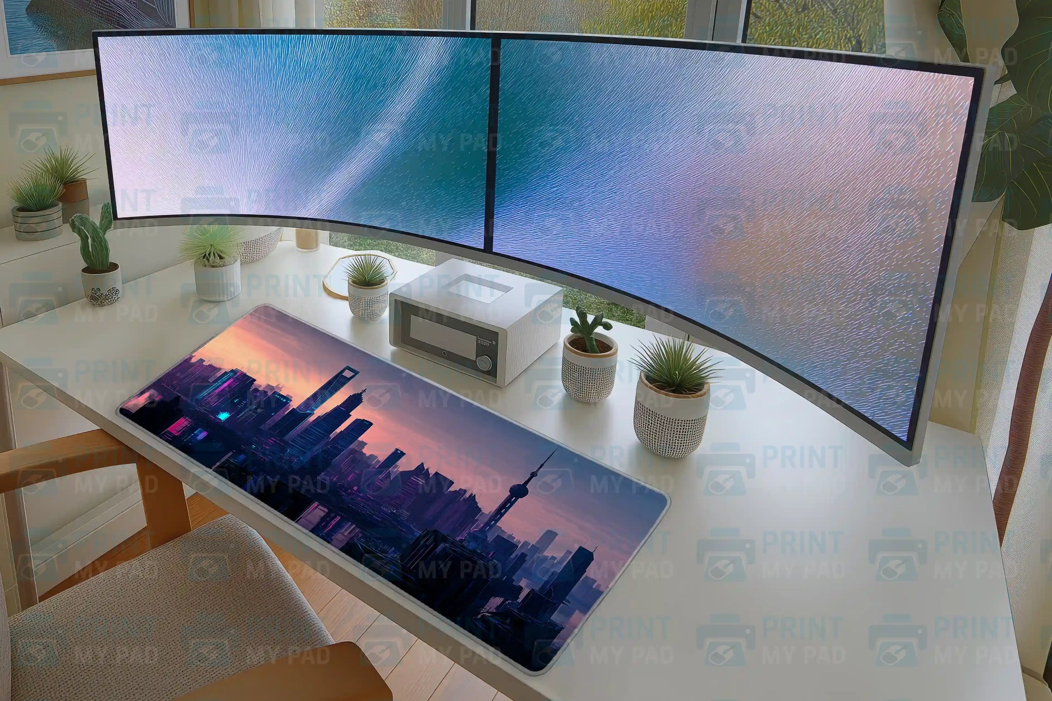 Cyberpunk Shanghai Skyline Mousepad – Neon City at Dusk