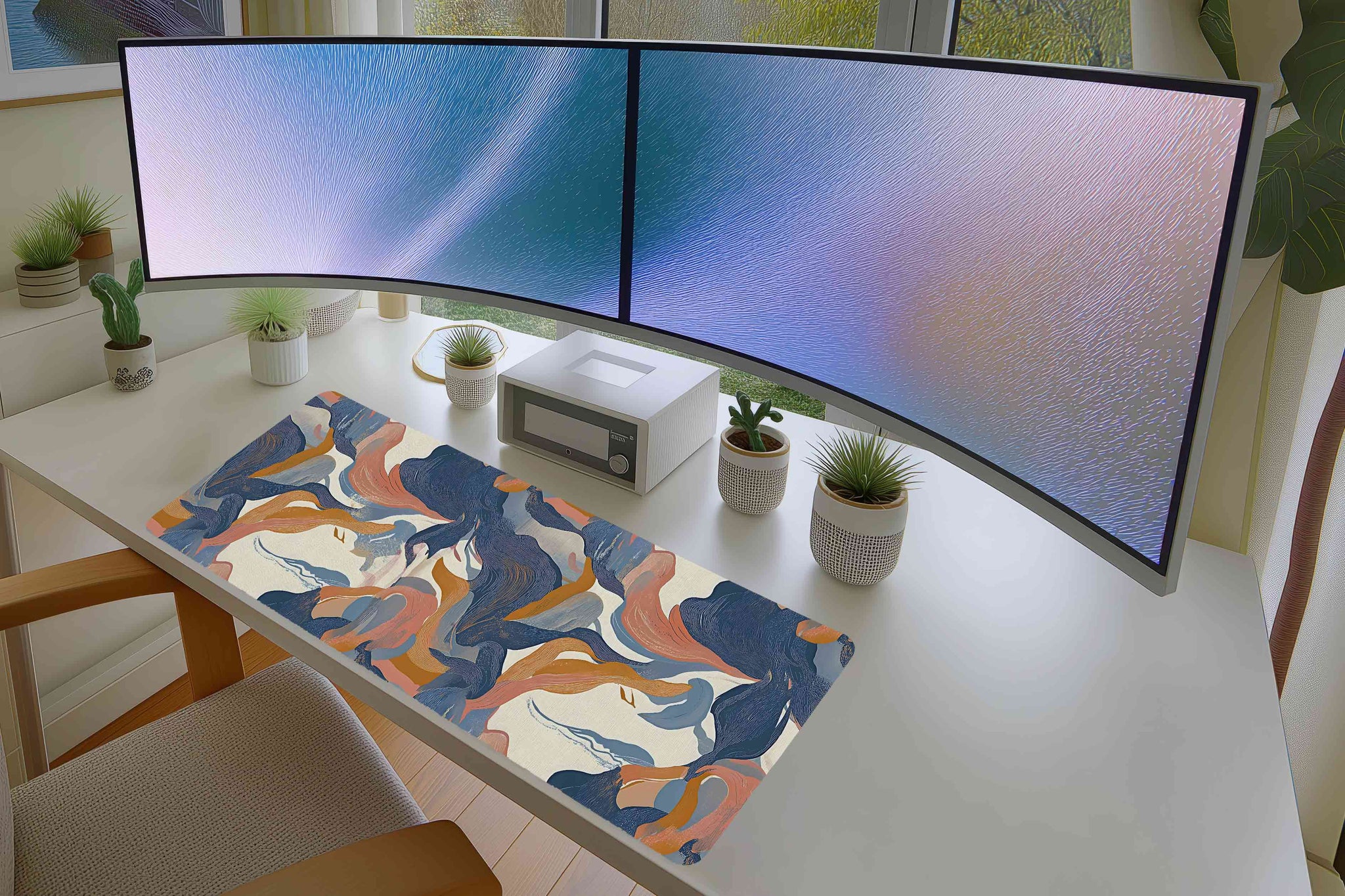 Modern Abstract Mousepad – Blue, Orange & Peach Brush Art