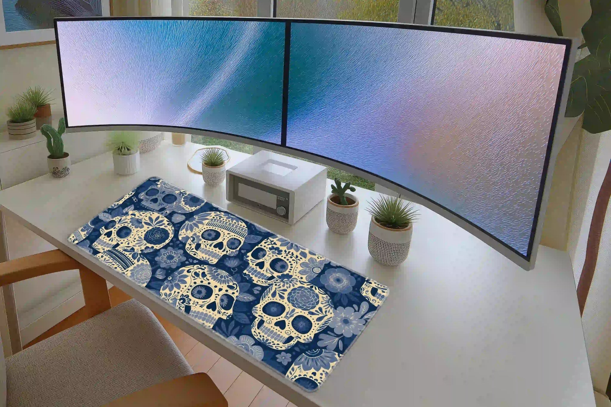Blue Floral Sugar Skull Pattern Desk Mat