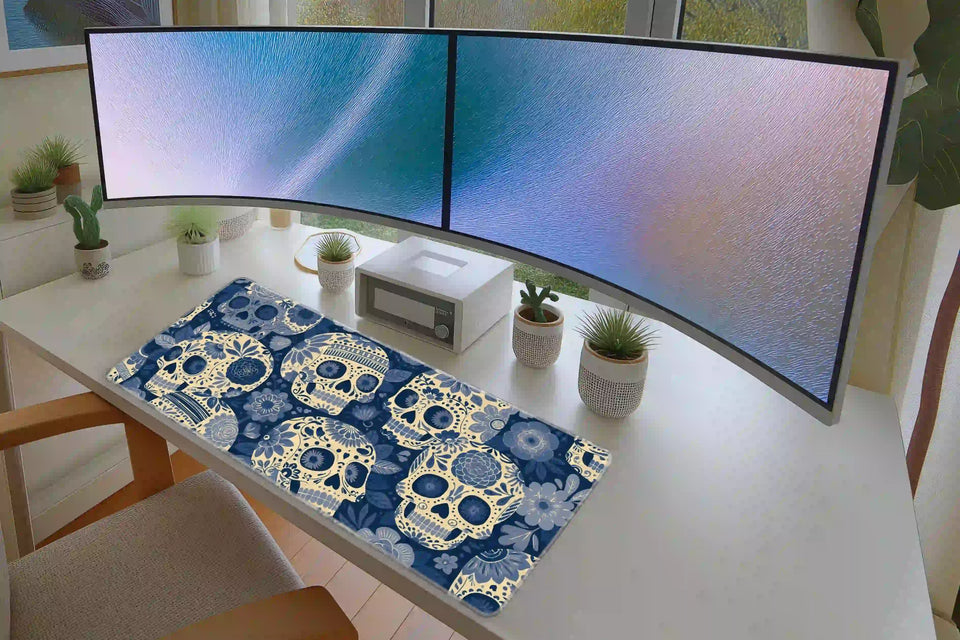 Blue Floral Sugar Skull Pattern Desk Mat