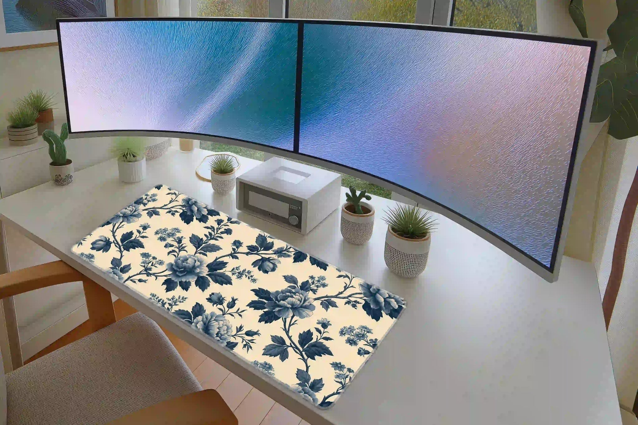 Blue Botanical Floral desk mat in a full office setup with keyboard and mouse