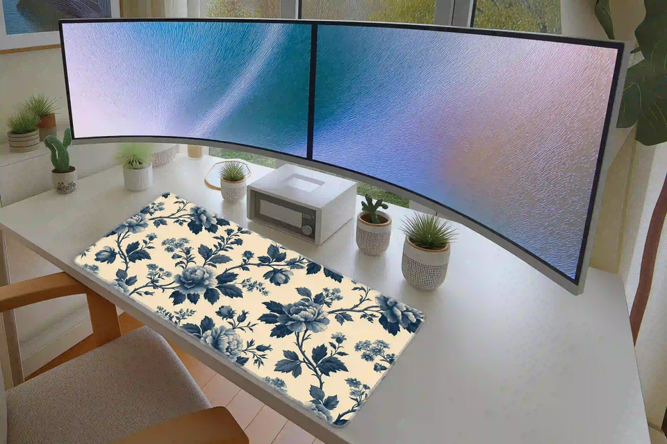 Blue Botanical Floral desk mat in a full office setup with keyboard and mouse