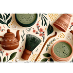 Matcha Tea Set Desk Mat | Floral Tea Mouse Pad artwork on an extended desk mat with matcha tea set and floral artwork