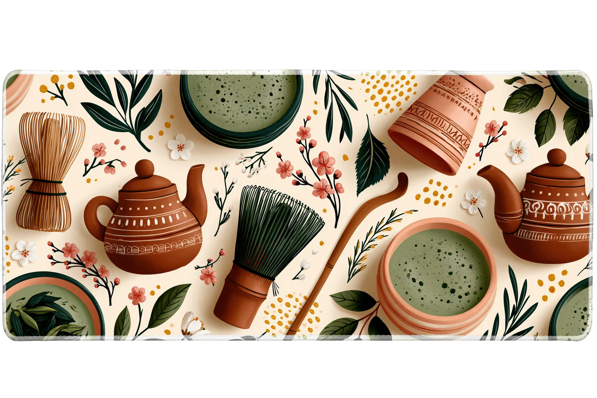 Matcha Tea Set Desk Mat | Floral Tea Mouse Pad artwork on an extended desk mat with matcha tea set and floral artwork