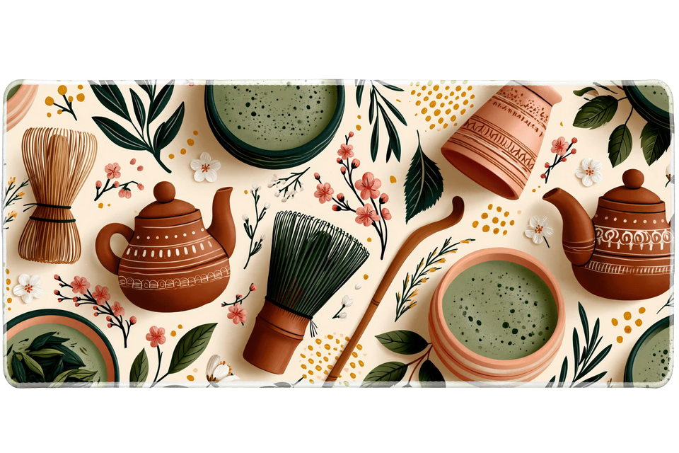 Matcha Tea Set Desk Mat | Floral Tea Mouse Pad artwork on an extended desk mat with matcha tea set and floral artwork