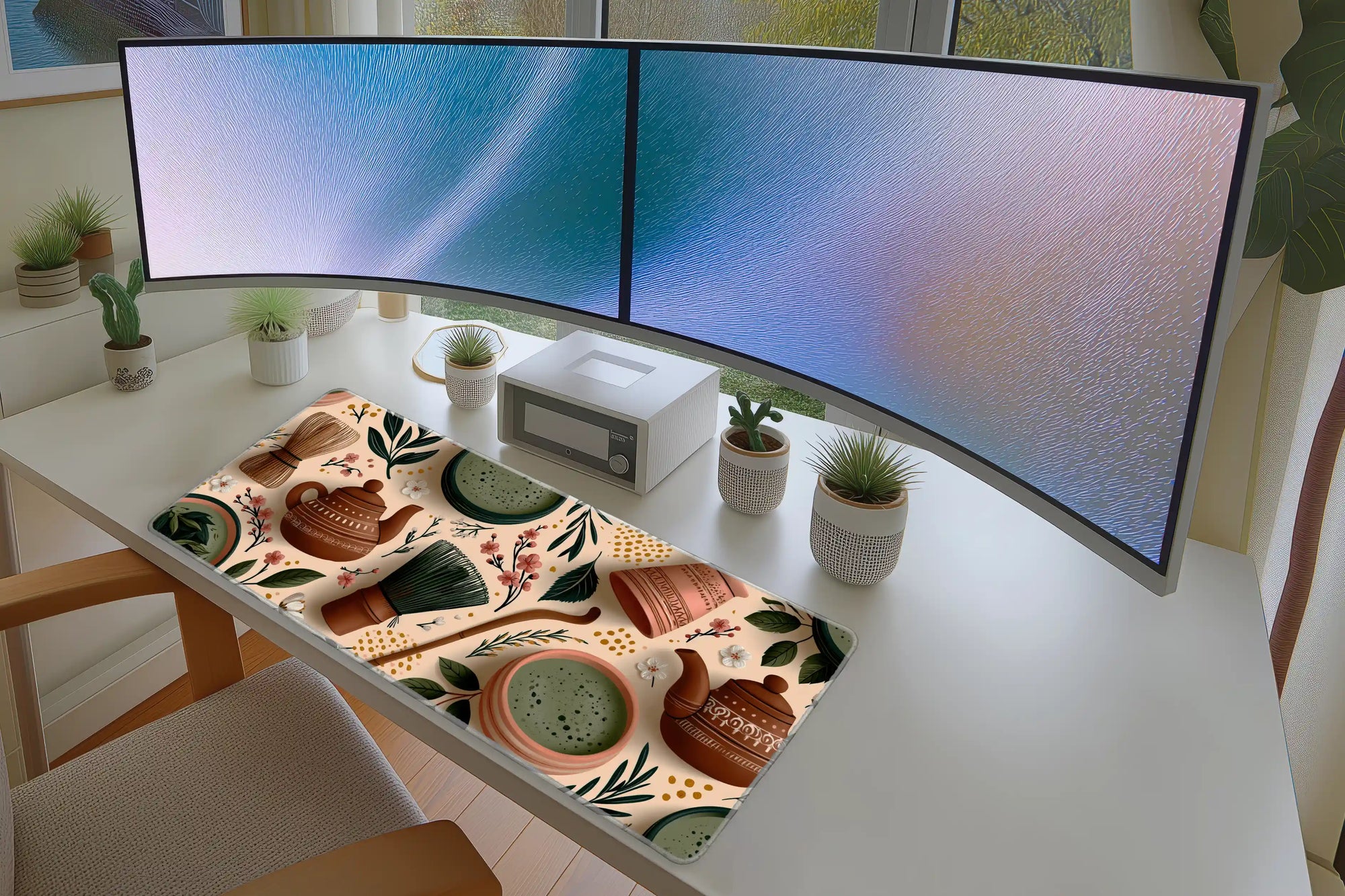 Matcha Tea Set Desk Mat | Floral Tea Mouse Pad in a full desk setup with keyboard, mouse, and office accessories