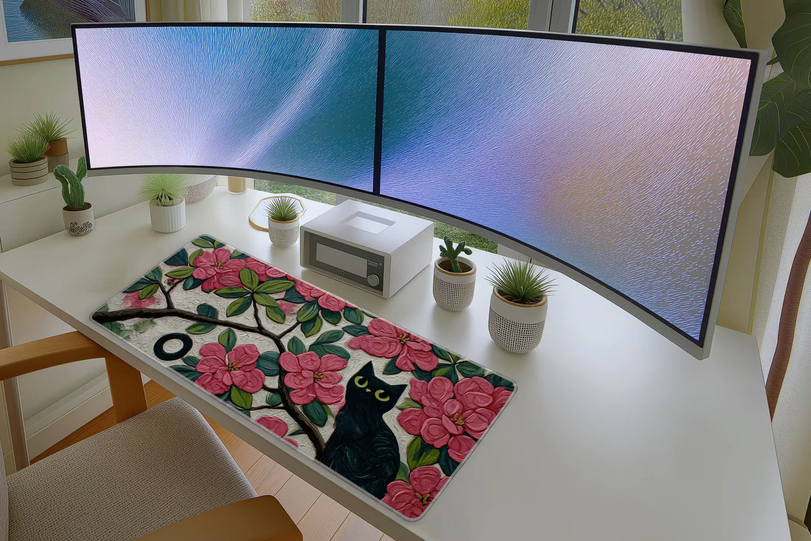 Black Cat in Pink Blossoms Art Desk Mat