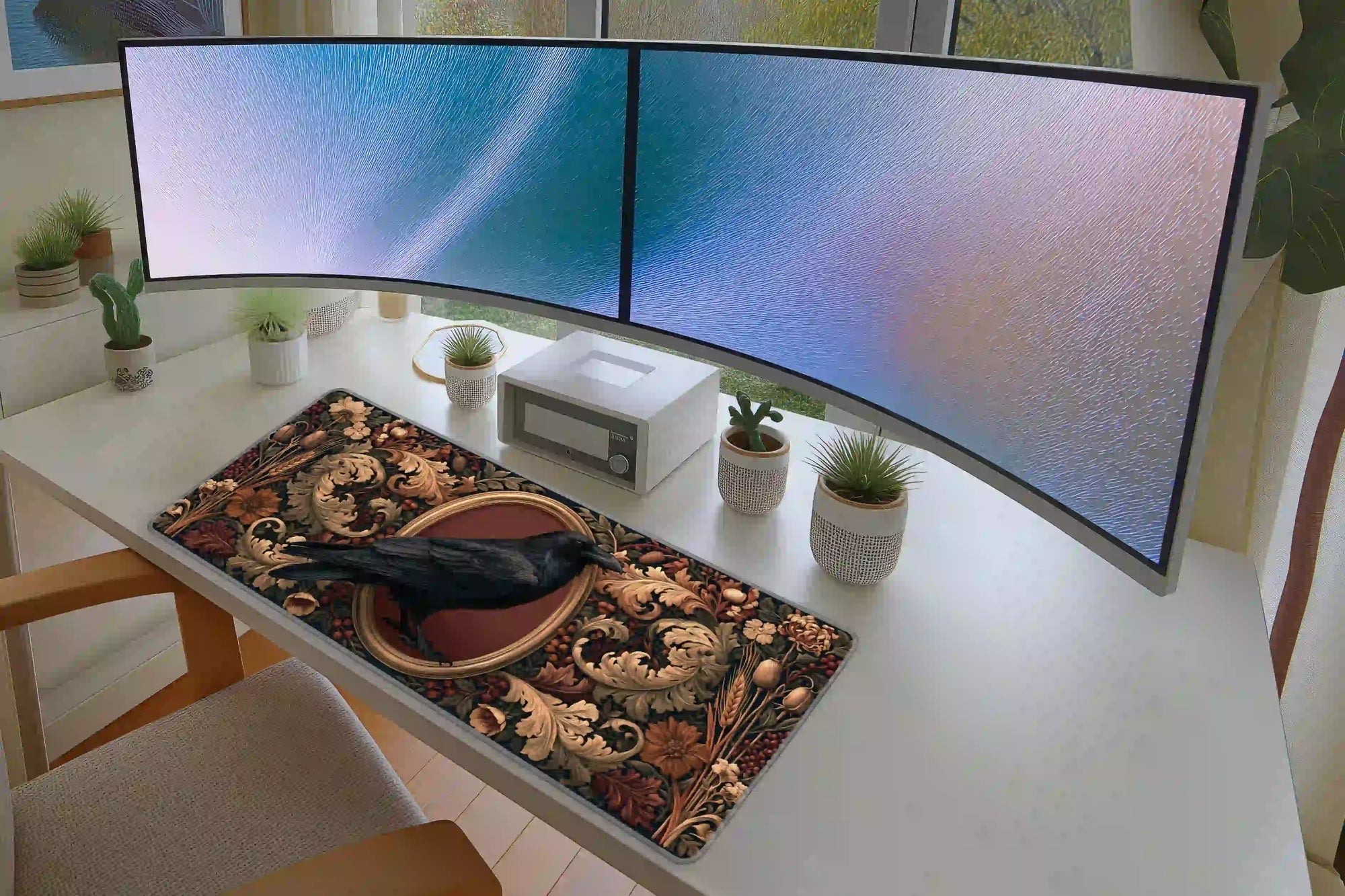 Gothic Raven Portrait desk mat in a full desk setup with a keyboard and mouse layout