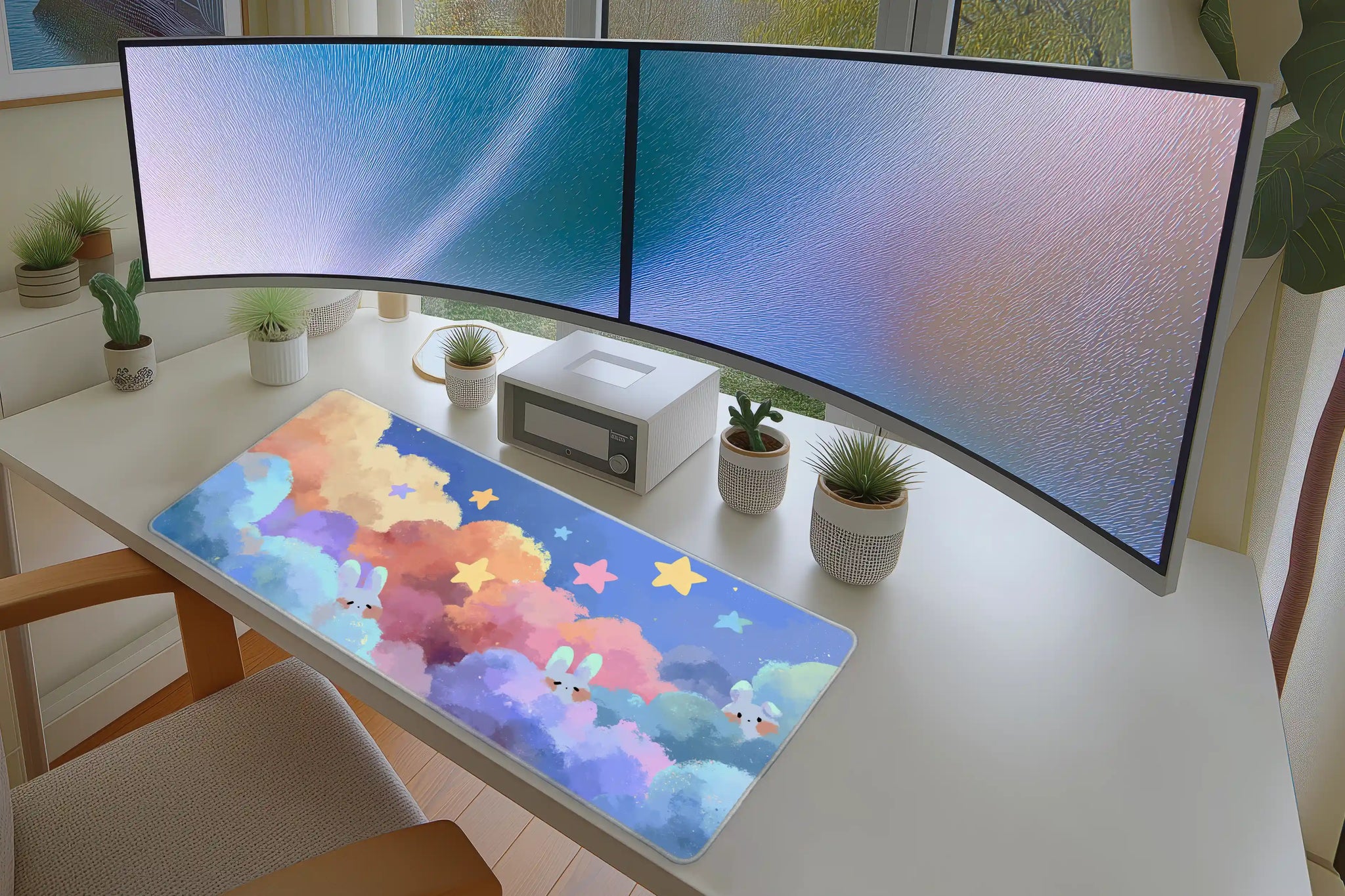 Pastel Bunny Cloud Dreamy Sky mouse pad showing stitched edge detail