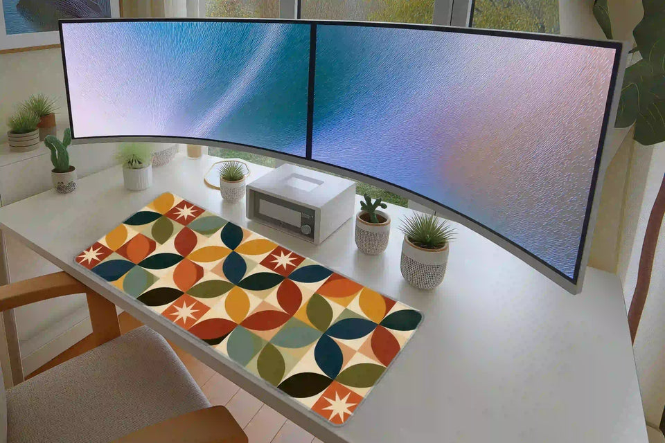 Mid-Century Atomic Leaf Tile Desk Mat – Retro Mouse Pad