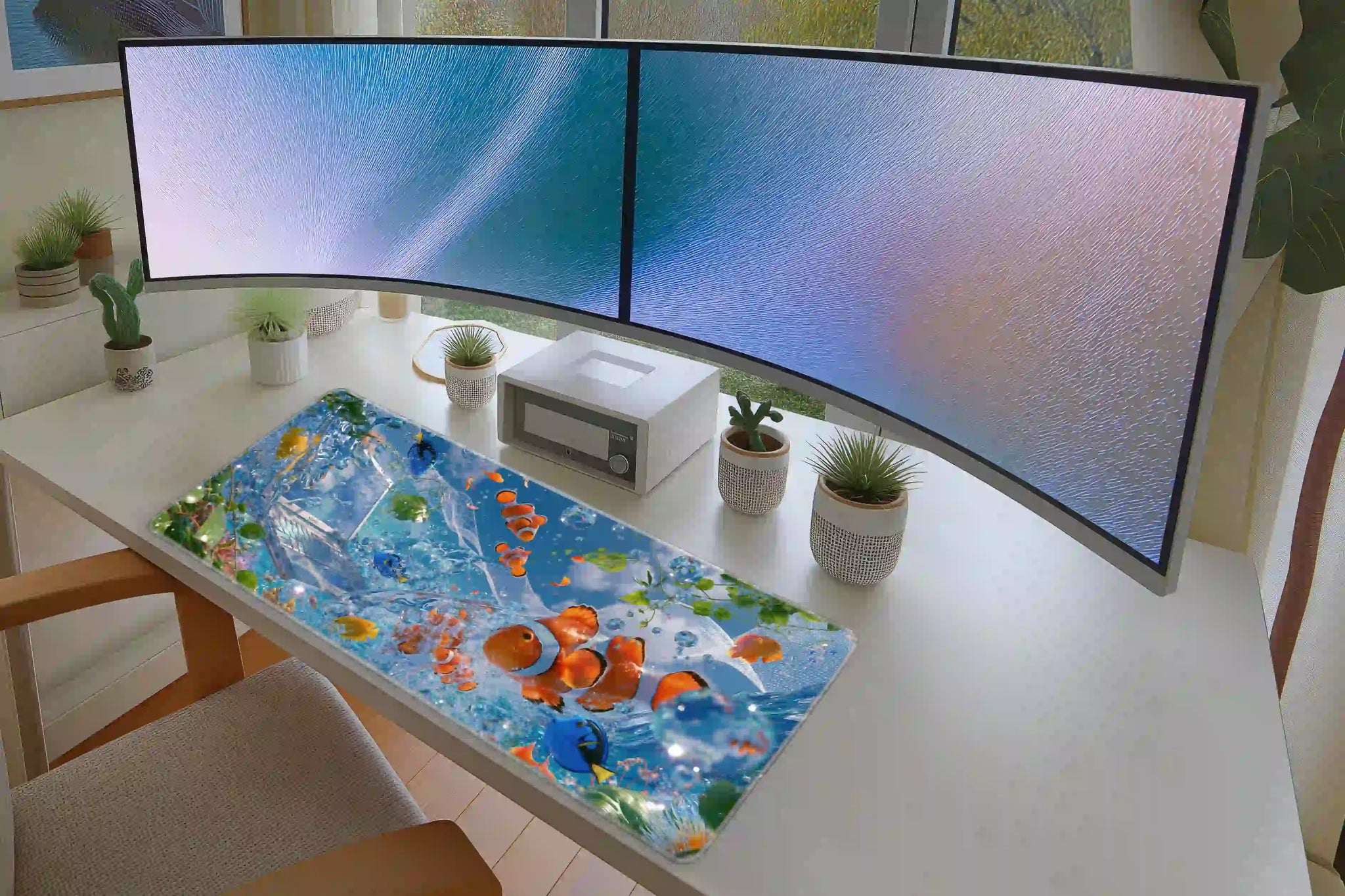 Frutiger Aero Aquarium desk mat in a full desk setup with a keyboard and mouse layout