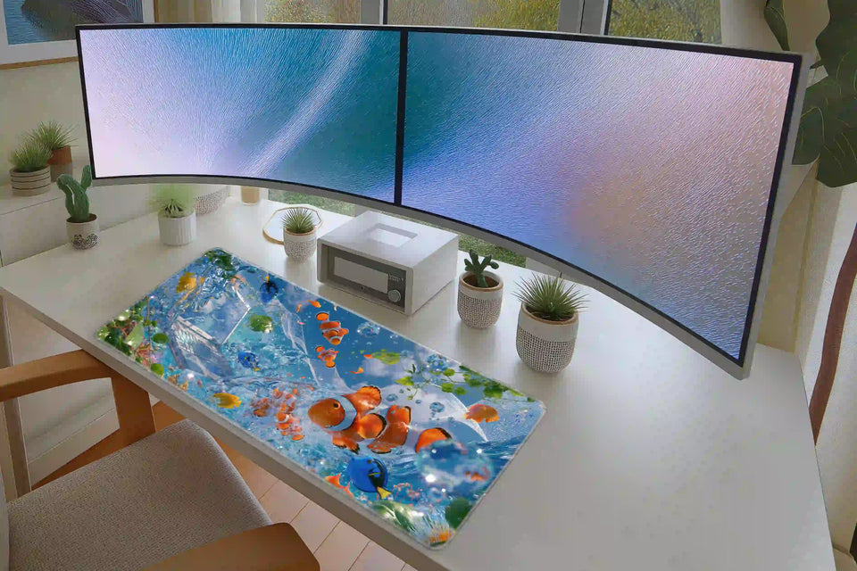 Frutiger Aero Aquarium desk mat in a full desk setup with a keyboard and mouse layout