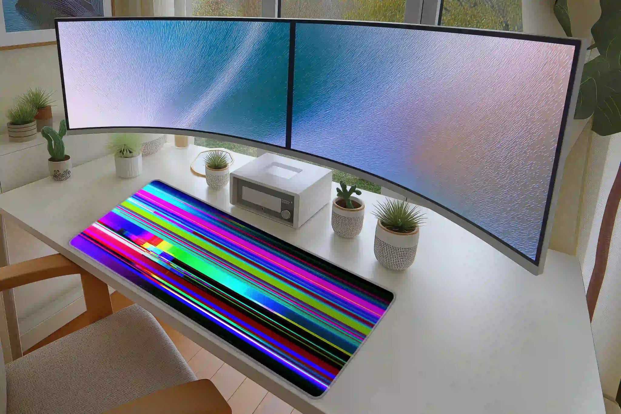 RGB Glitch extended mouse pad completing a home office desk setup