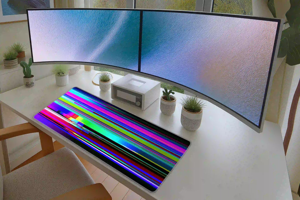 RGB Glitch extended mouse pad completing a home office desk setup