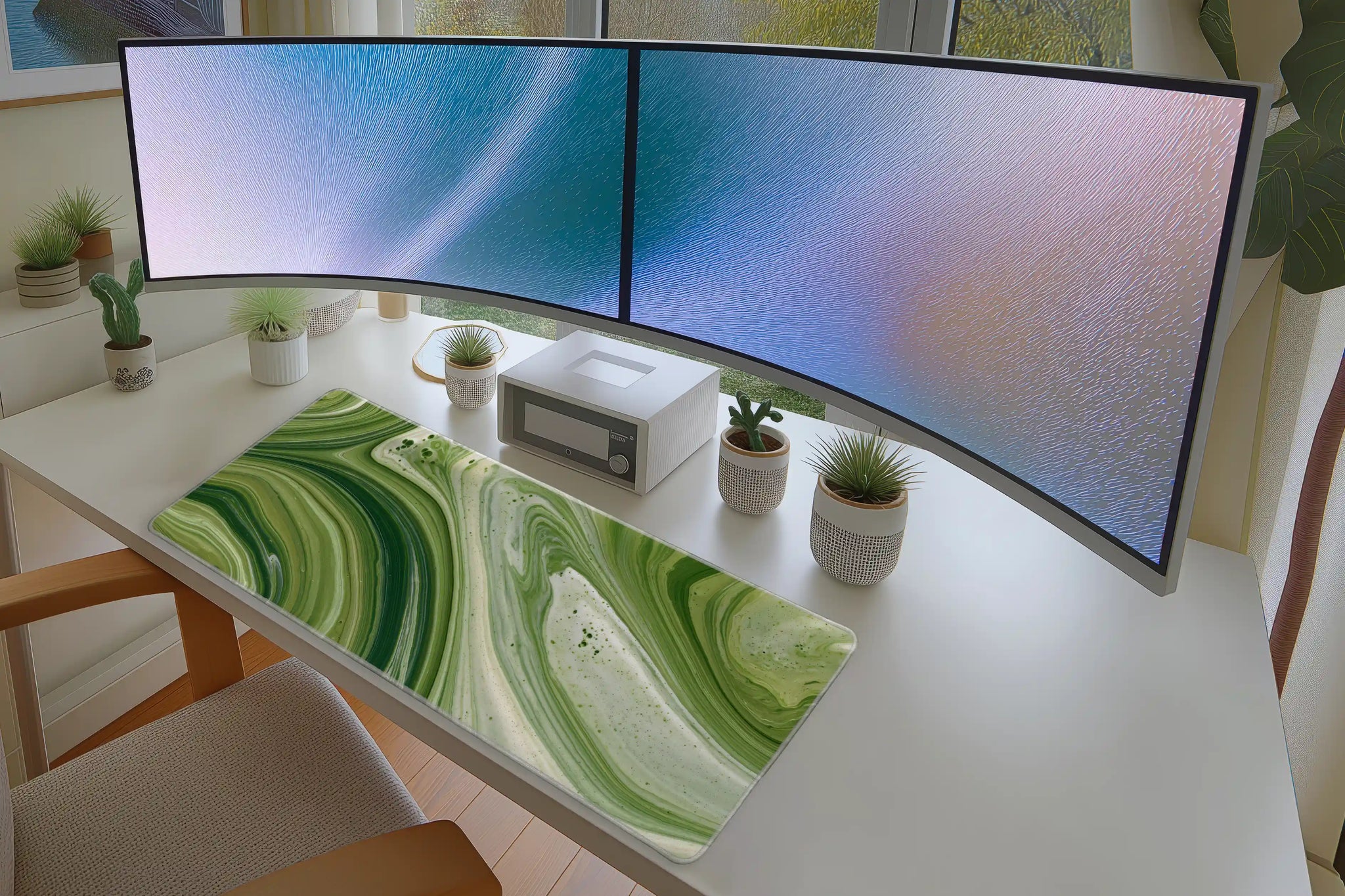 Green Matcha Swirl Desk Mat | Abstract Mouse Pad in a full desk setup with keyboard, mouse, and office accessories