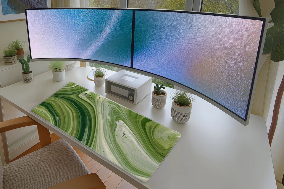 Green Matcha Swirl Desk Mat | Abstract Mouse Pad in a full desk setup with keyboard, mouse, and office accessories