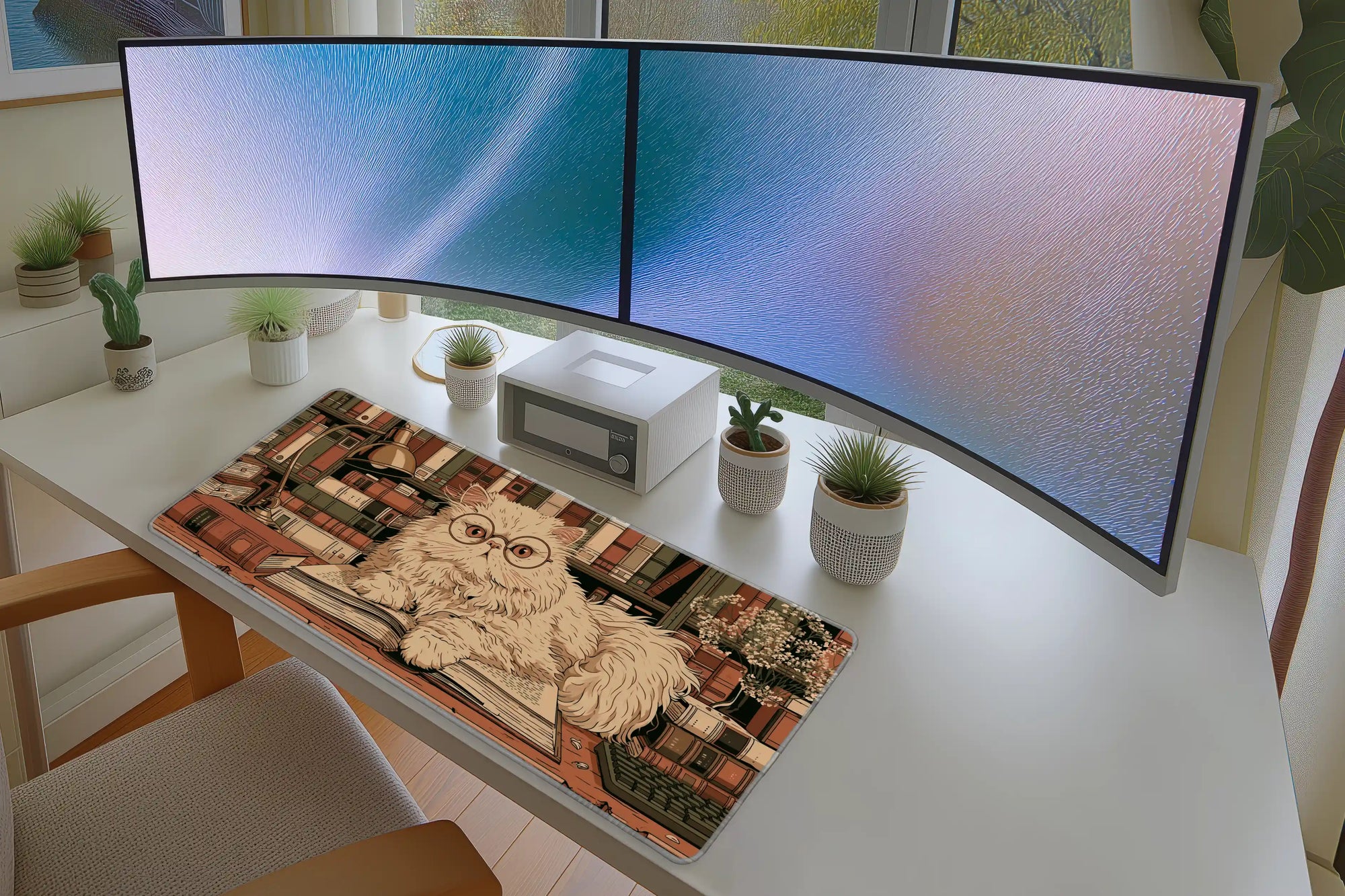 Persian Cat Library Book Lover mouse pad showing stitched edge detail
