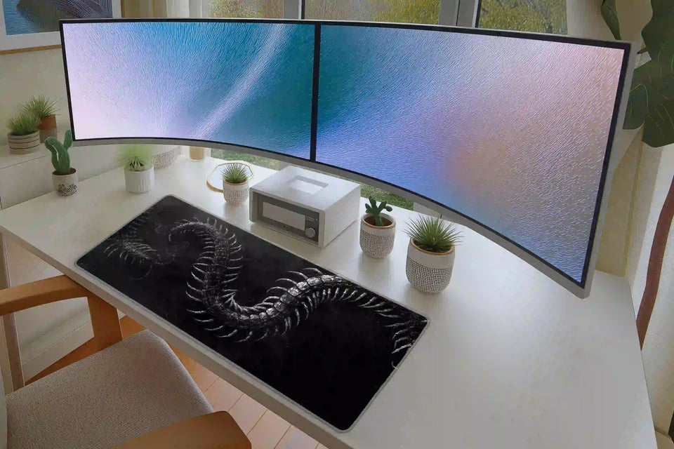 Full keyboard and mouse workspace using the Gothic Centipede desk mat