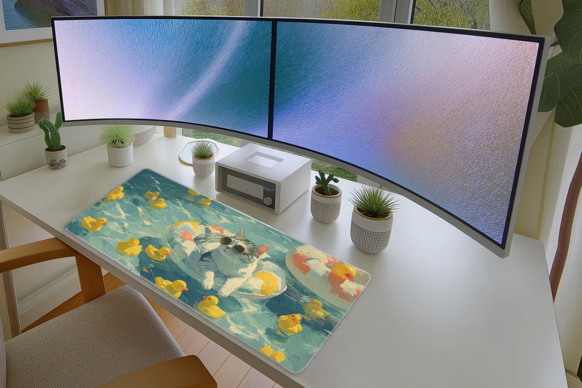 Cute Cat Pool Mousepad – Summer Animal Aesthetic Desk Mat