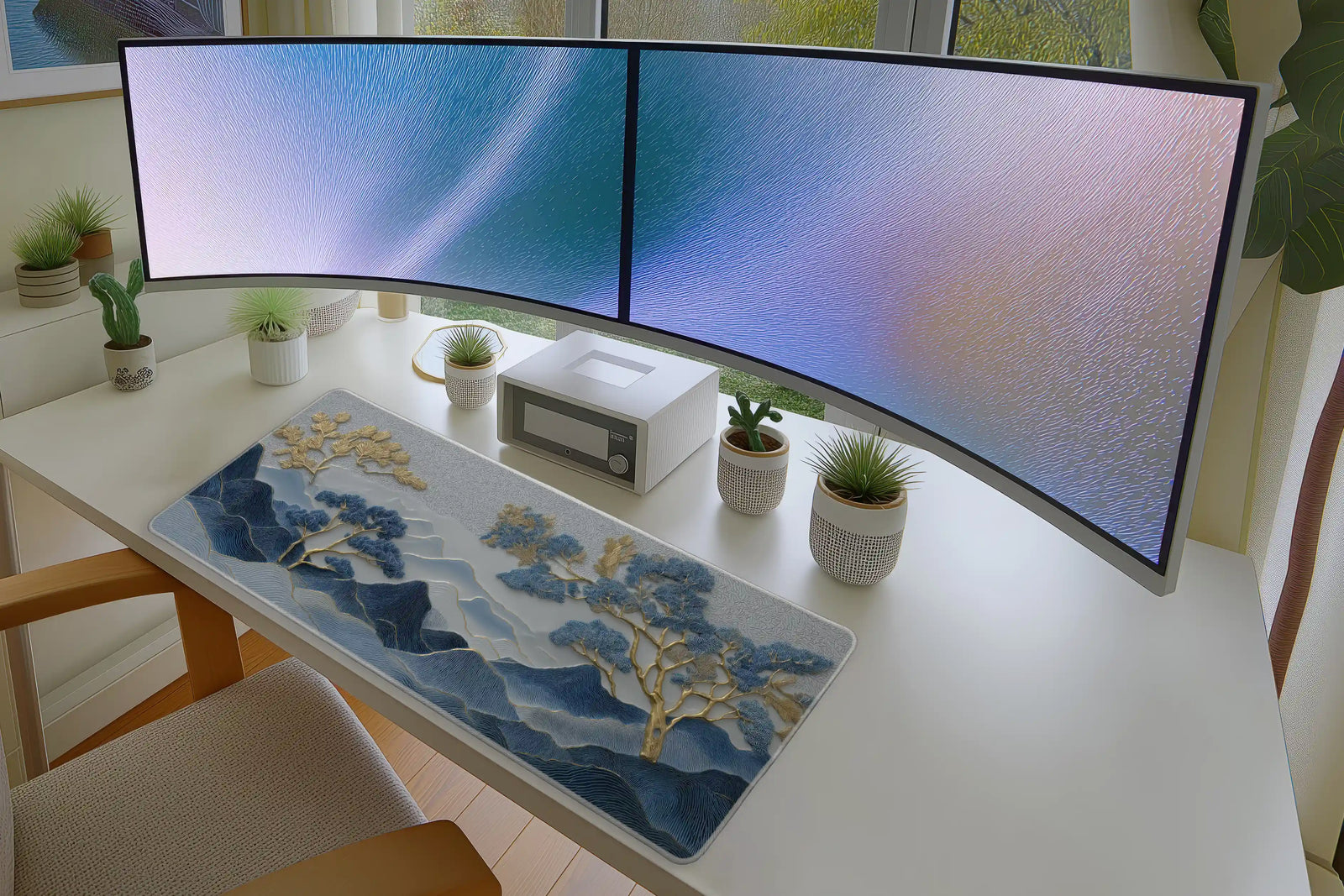 Blue and Gold Mountain Landscape Mousepad – Elegant Art Desk Mat