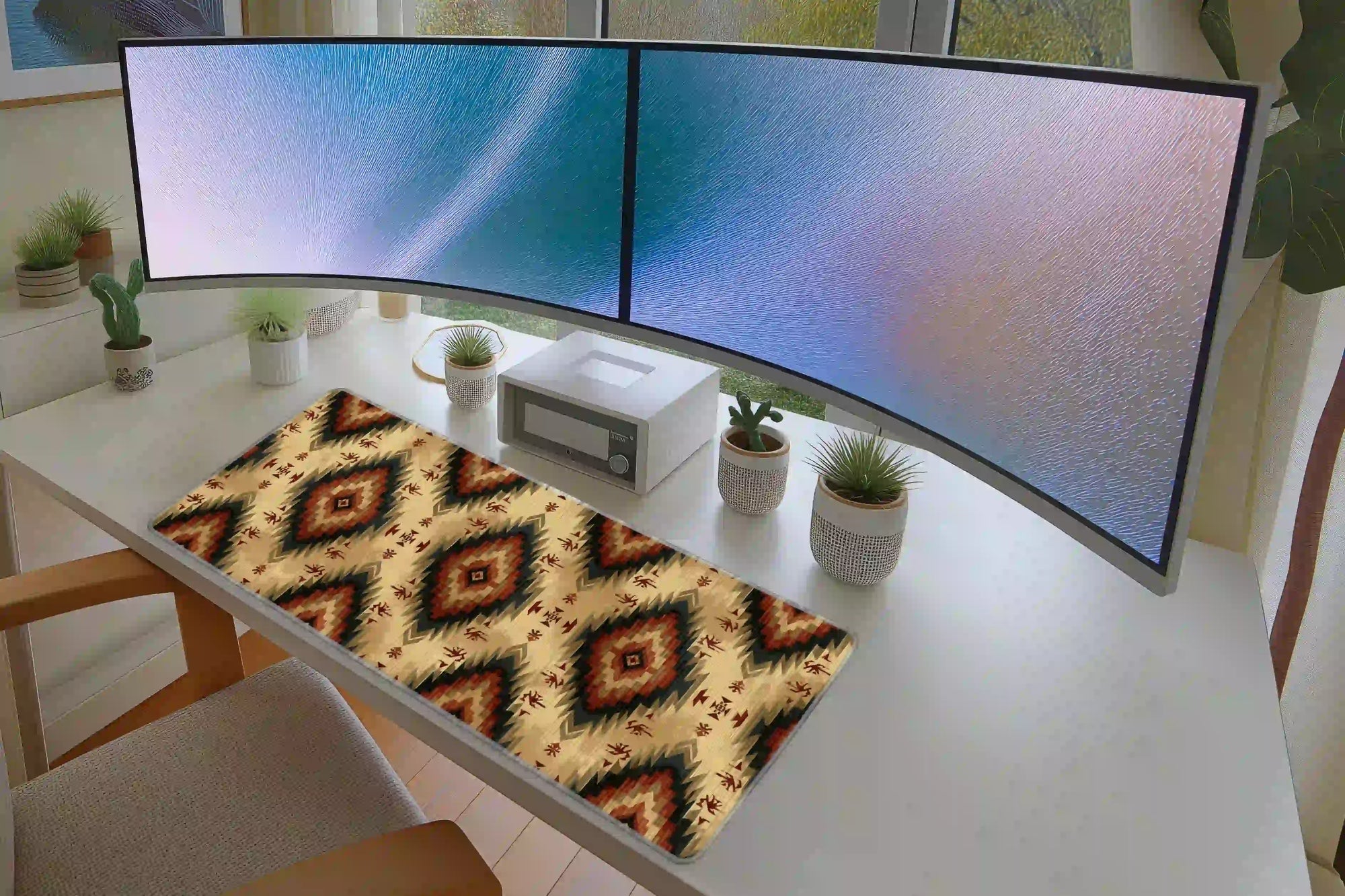 Southwestern Woven desk mat in a full desk setup with a keyboard and mouse layout