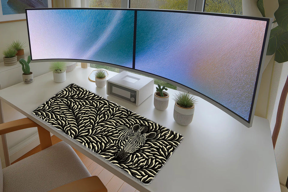 Hidden Zebra Botanical – Monochrome desk mat artwork and product view
