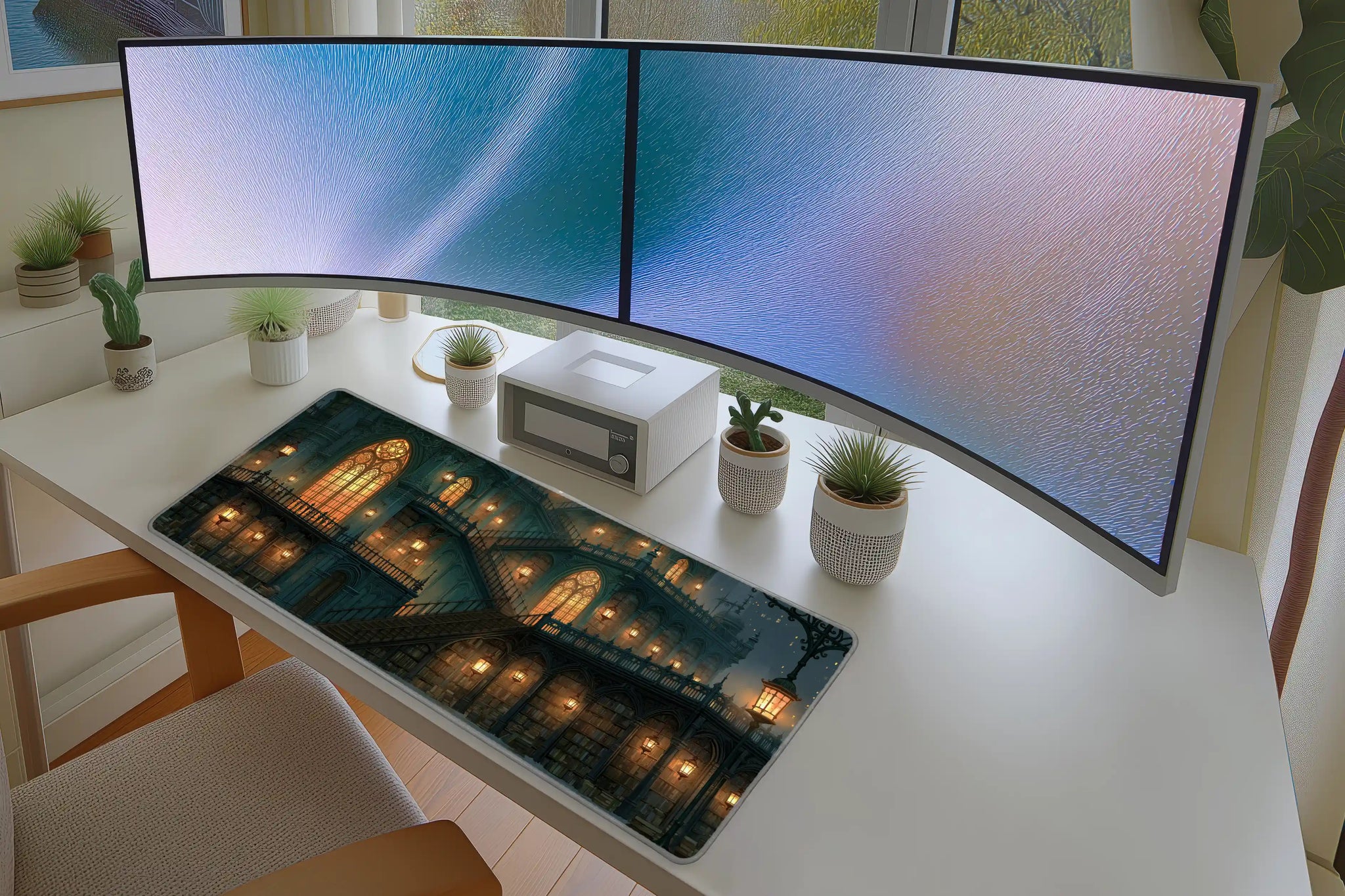 Lifestyle desk mockup of Gothic Library Hall Desk Mat | Lantern Stairs with keyboard and mouse layout