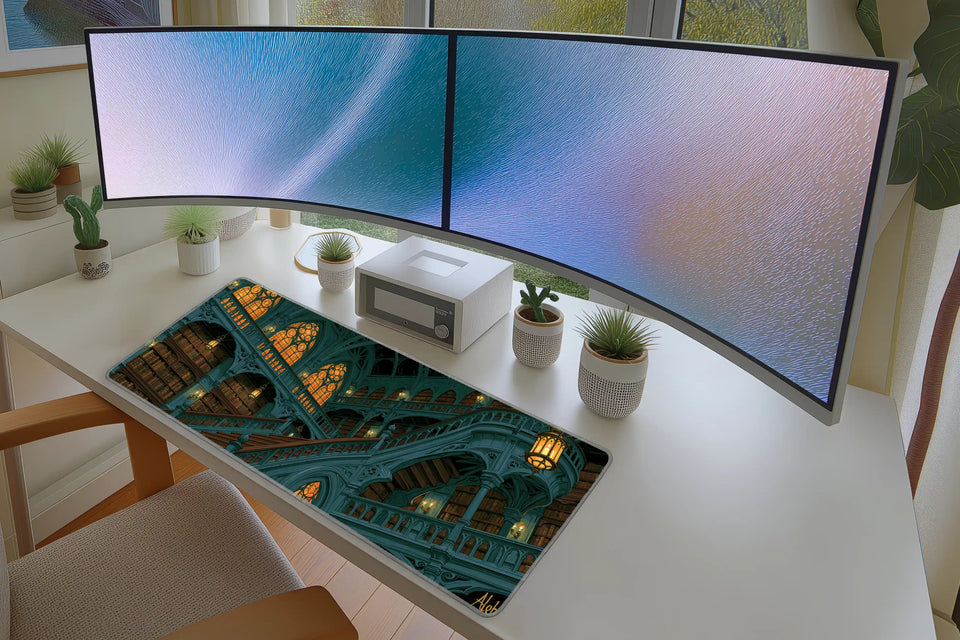 Gothic Library Stairs – Stained Glass desk mat artwork and product view