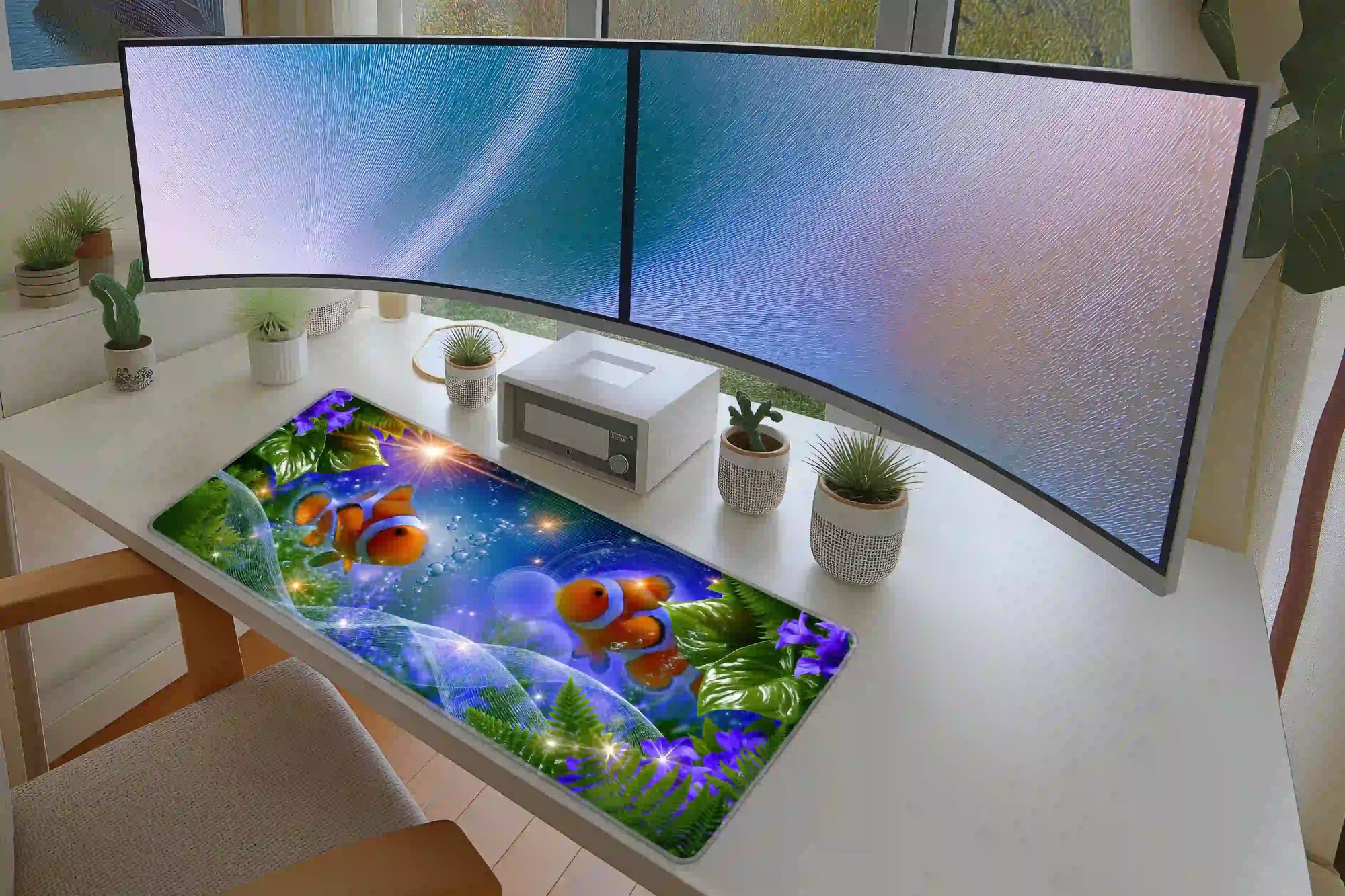 Frutiger Aero Tropical Fish desk mat in a full desk setup with a keyboard and mouse layout