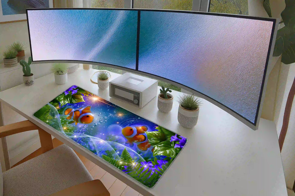Frutiger Aero Tropical Fish desk mat in a full desk setup with a keyboard and mouse layout